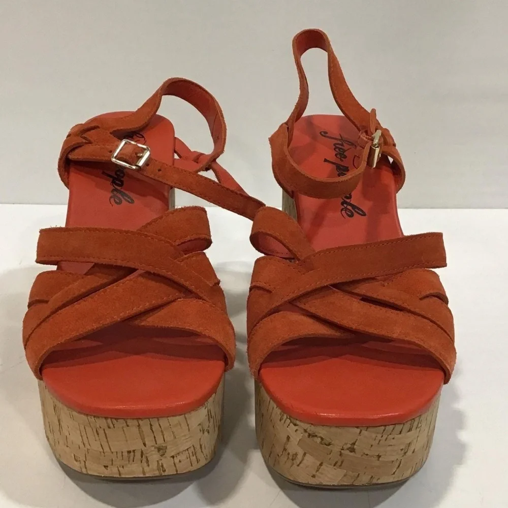 Women’s Free People Lisbon Orange Suede Cork Platform Sandals Size 40